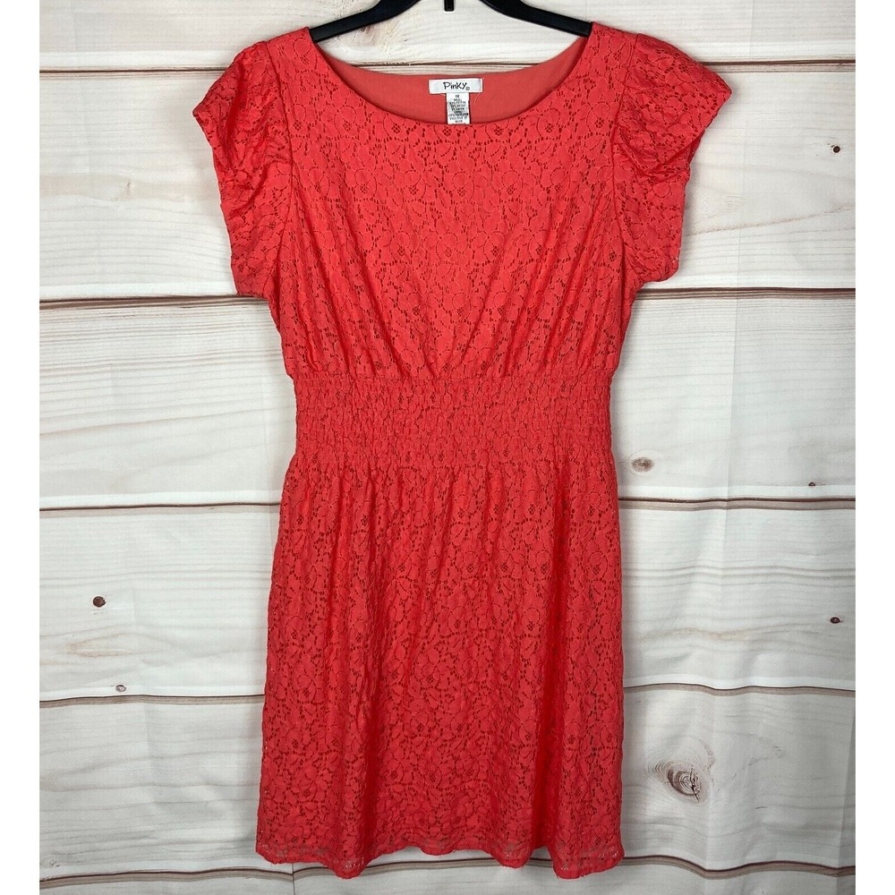 Pinky Plus Dress Womens 1X Orange Lace Short Sleeve Fit And Flare Smocked Waist